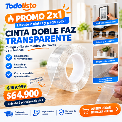 Cinta Doble Faz Transparente 2x1 – Fija Sin Taladro ni Clavos