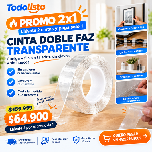 Cinta Doble Faz Transparente 2x1 – Fija Sin Taladro ni Clavos
